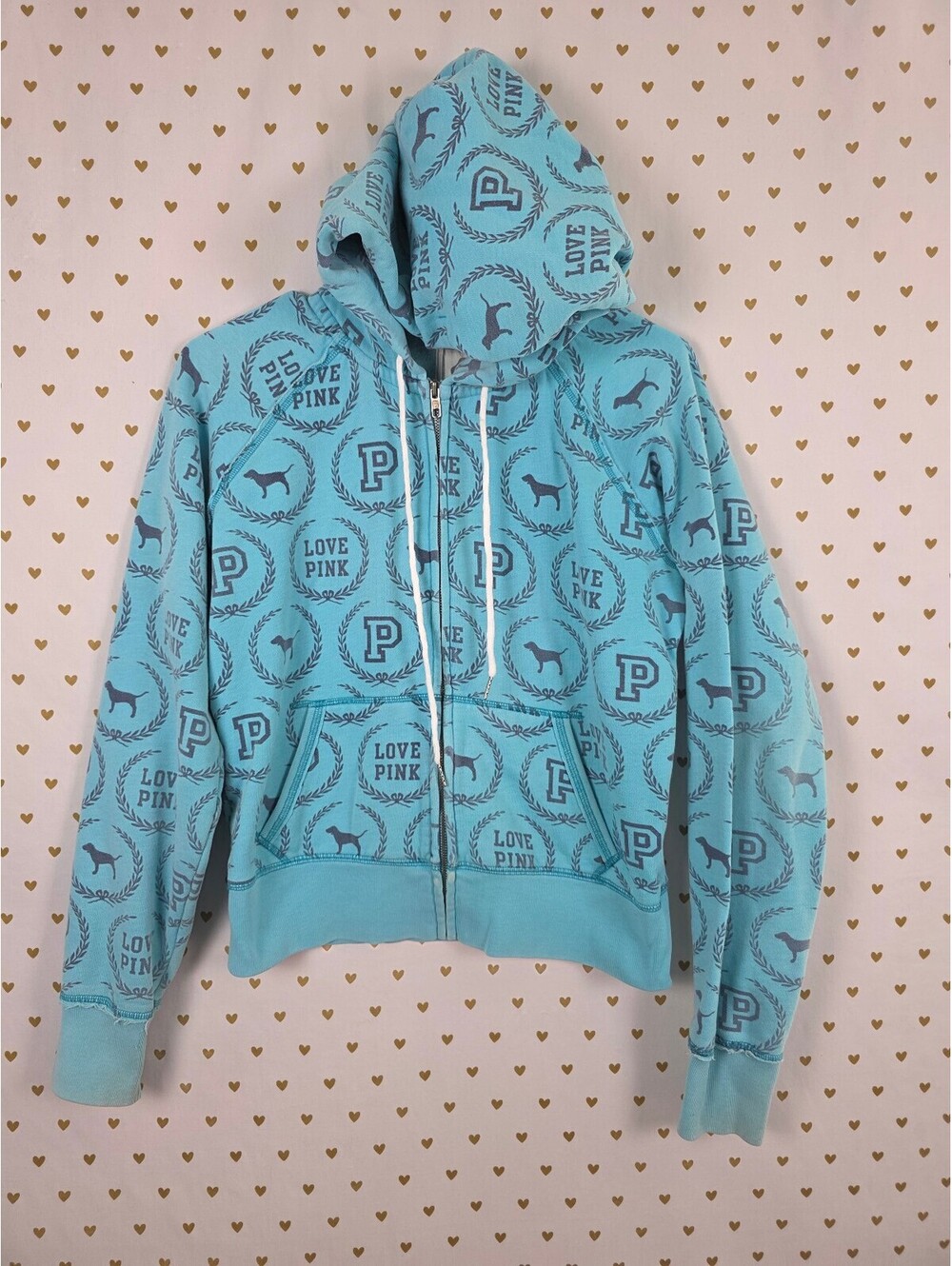 Victoria's Secret PINK Hoodie Full Zip Blue All Over Print Dog Logo Large HTF
